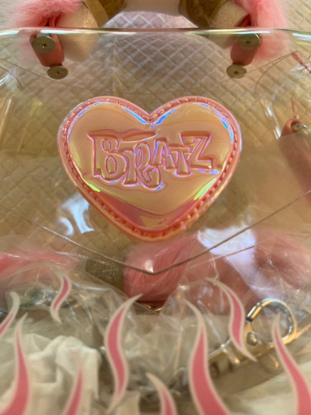 πππππππDolls Kill BRATZ Clear Tote with Pink Faux-Fur Handle and Flame Trim - Picture 3 of 5